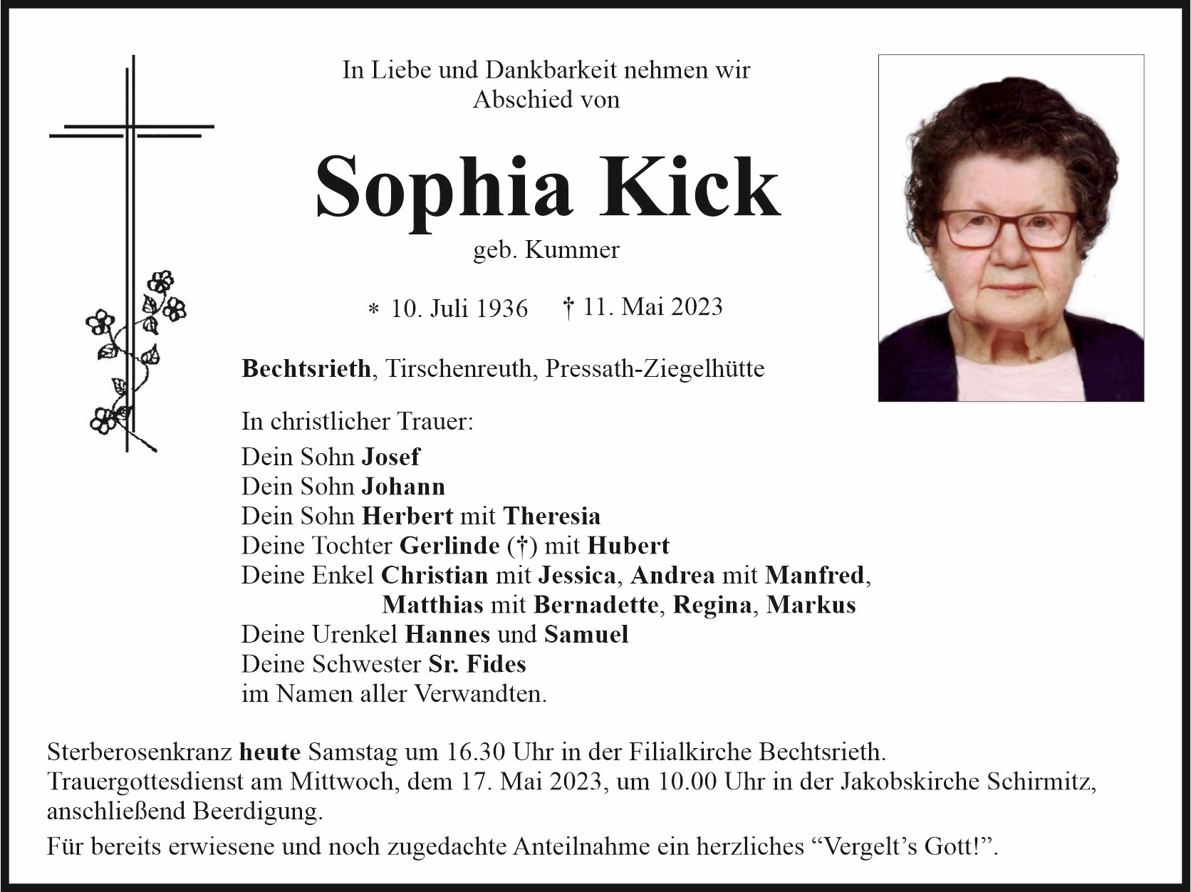 Traueranzeige Sophia Kick, Bechtsrieth