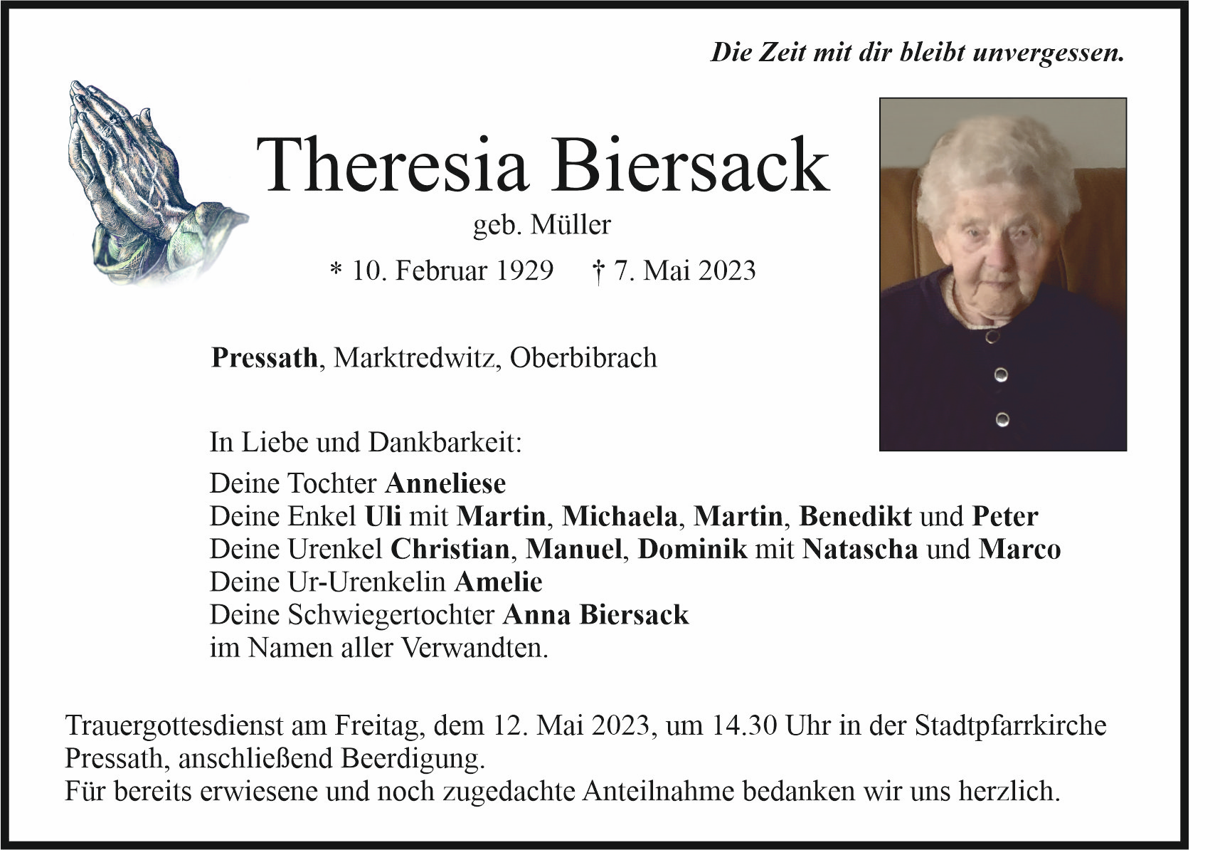 Traueranzeige Theresia Biersack, Pressath