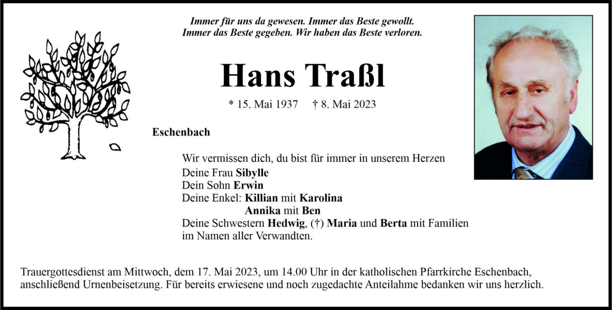 Traueranzeige Hans Traß, Eschenbach
