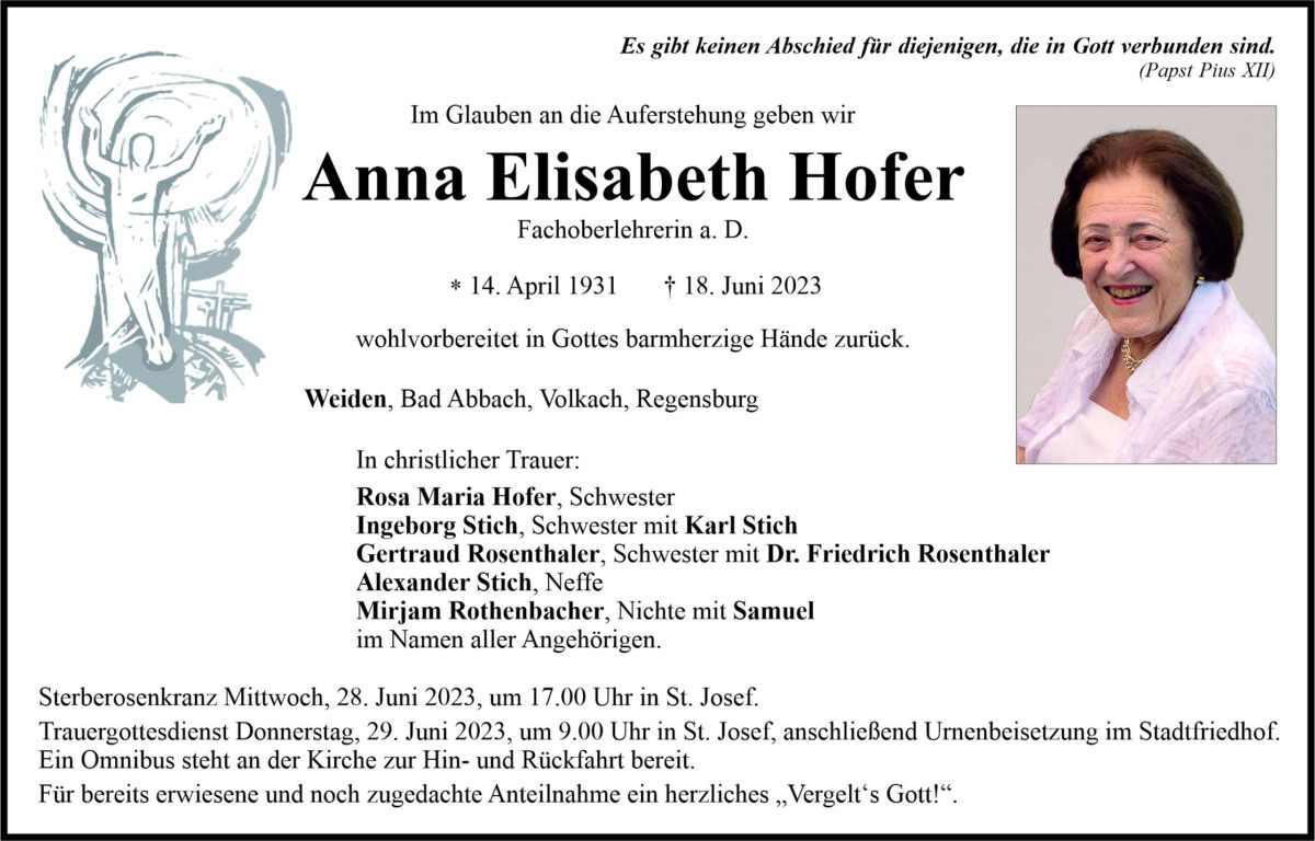 Traueranzeige Anna Elisabeth Hofer, Weiden