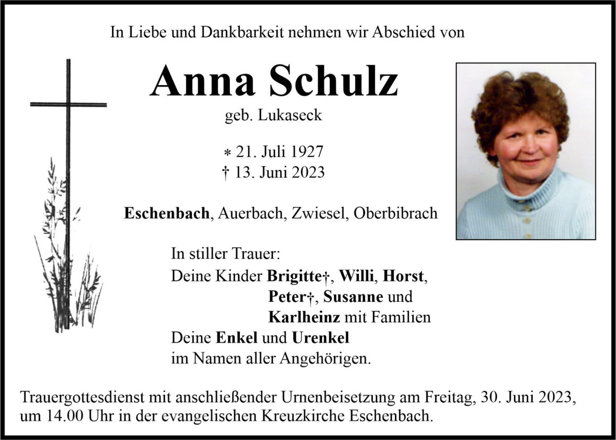 Traueranzeige Anna Schulz, Eschenbach