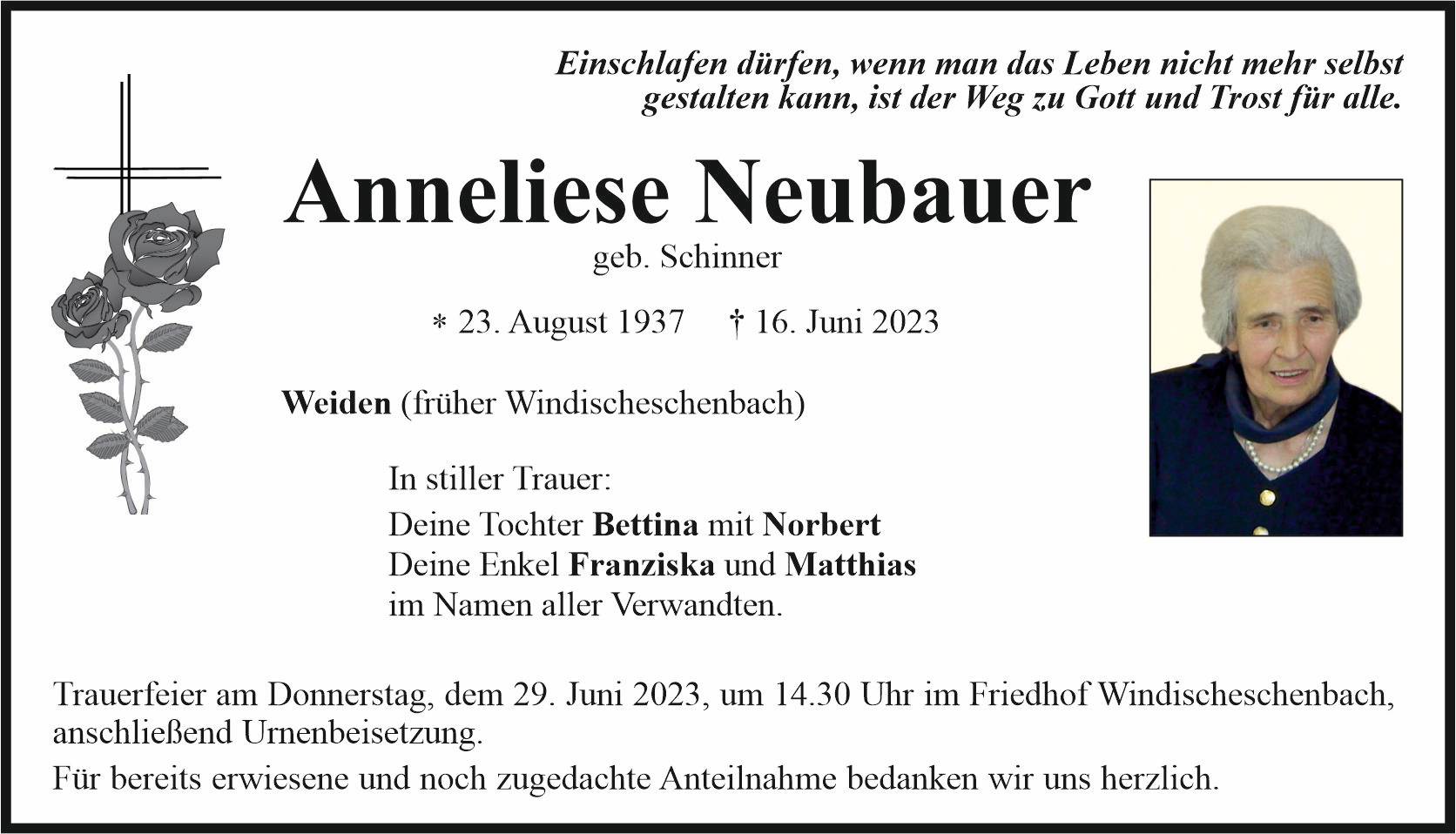 Traueranzeige Anneliese Neubauer, Weiden