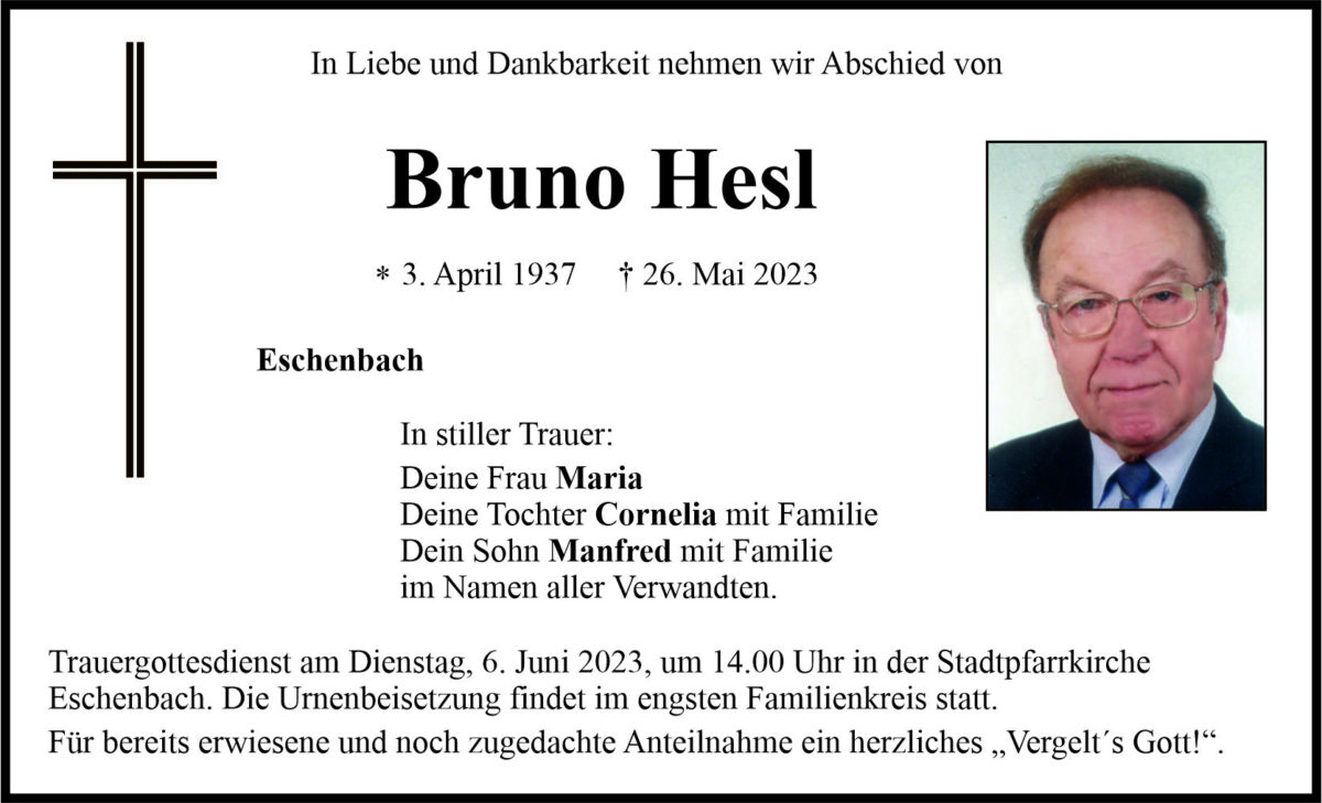 Traueranzeige Bruno Hesl, Eschenbach