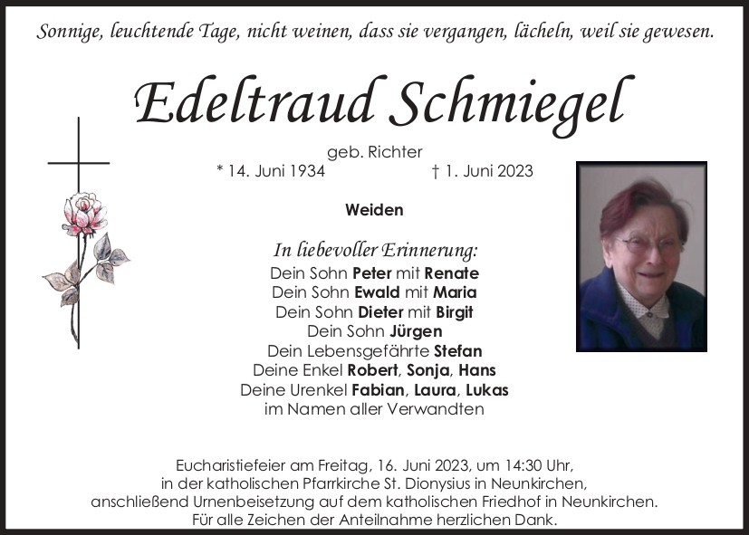 Traueranzeige Edeltraud Schmiegel, Weiden