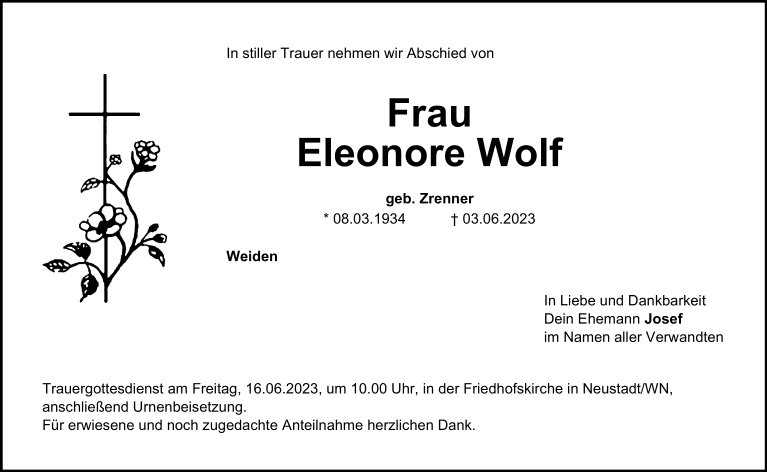 Traueranzeige Eleonore Wolf, Weiden