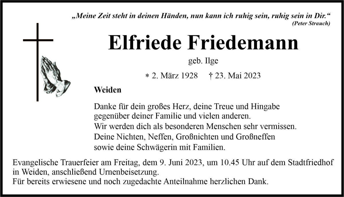 Traueranzeige Elfriede Friedemann, Weiden