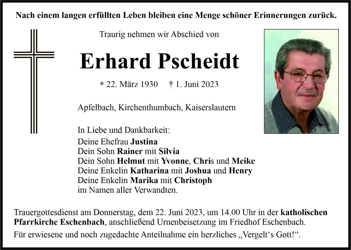 Traueranzeige Erhard Pscheidt, Eschenbach