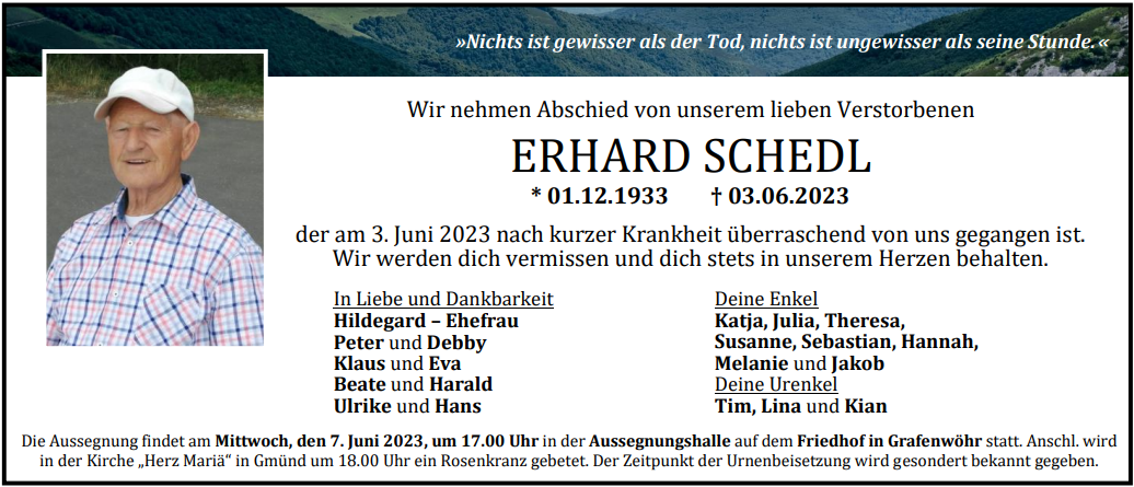 Traueranzeige Erhard Schedl, Grafenwöhr