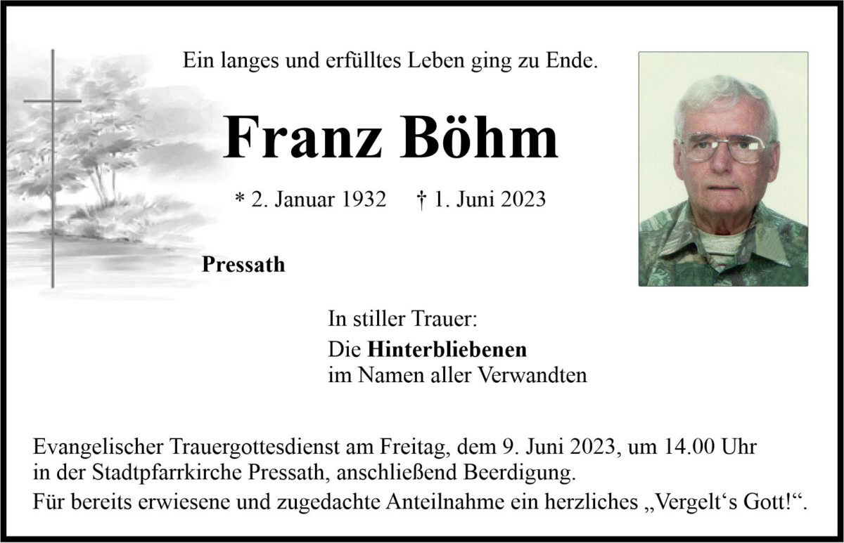 Traueranzeige Franz Böhm, Pressath