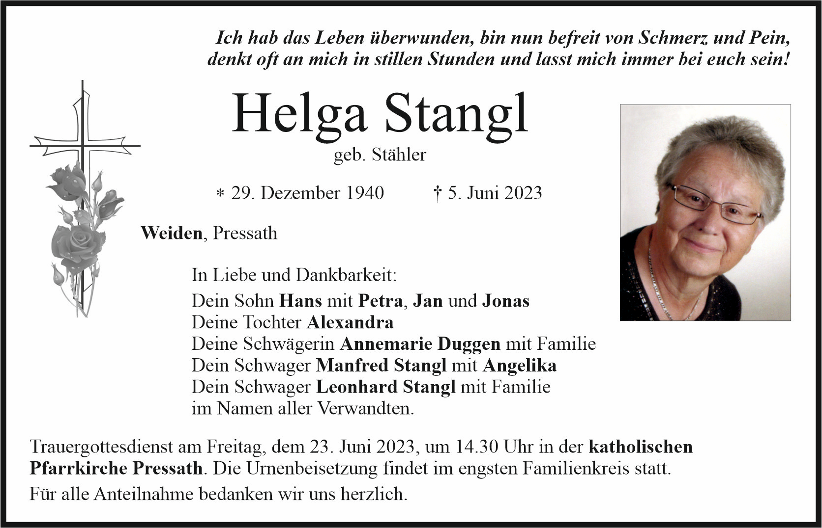 Traueranzeige Helga Stangl, Weiden