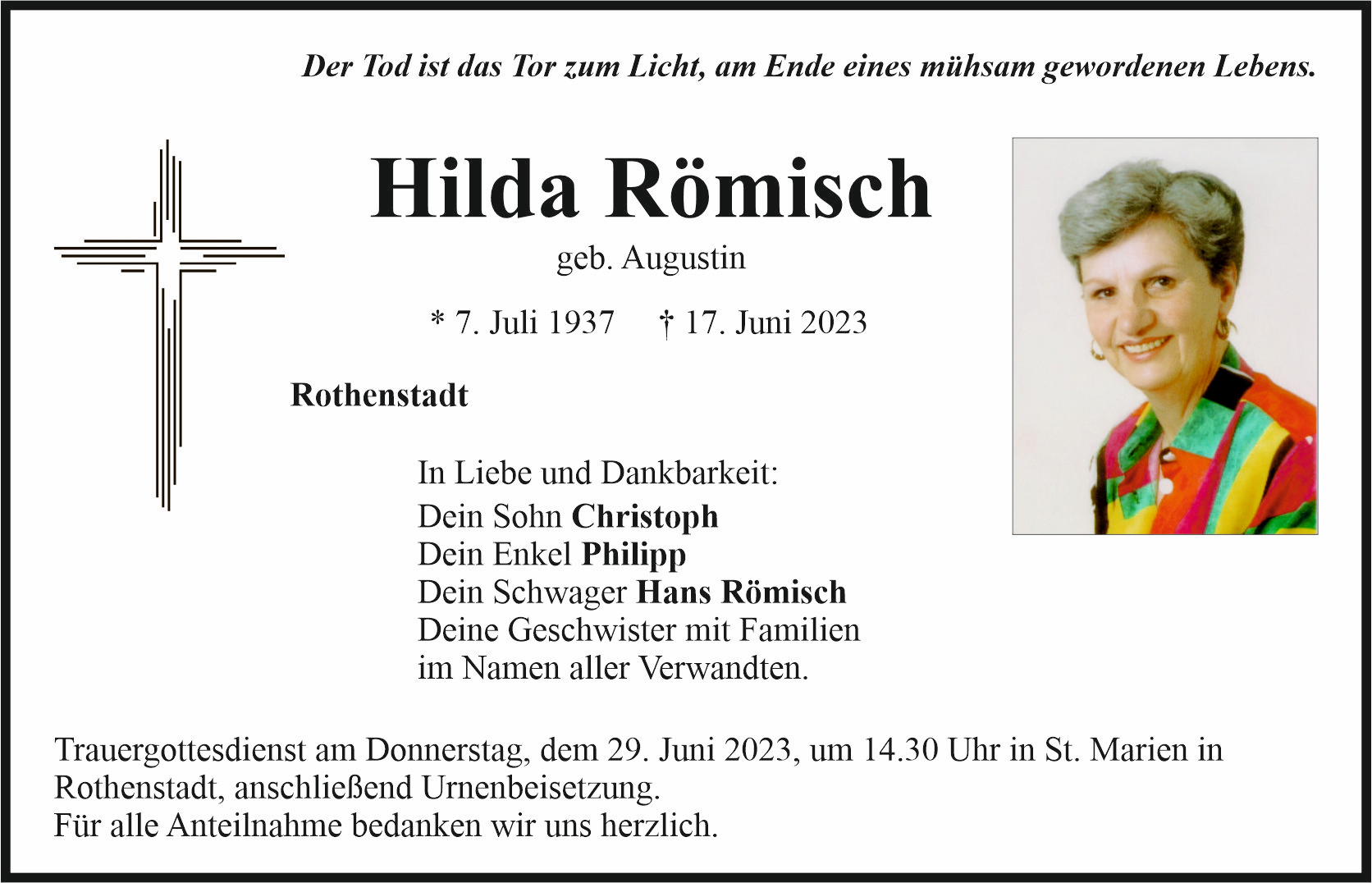 Traueranzeige Hilda Römisch, Rothenstadt