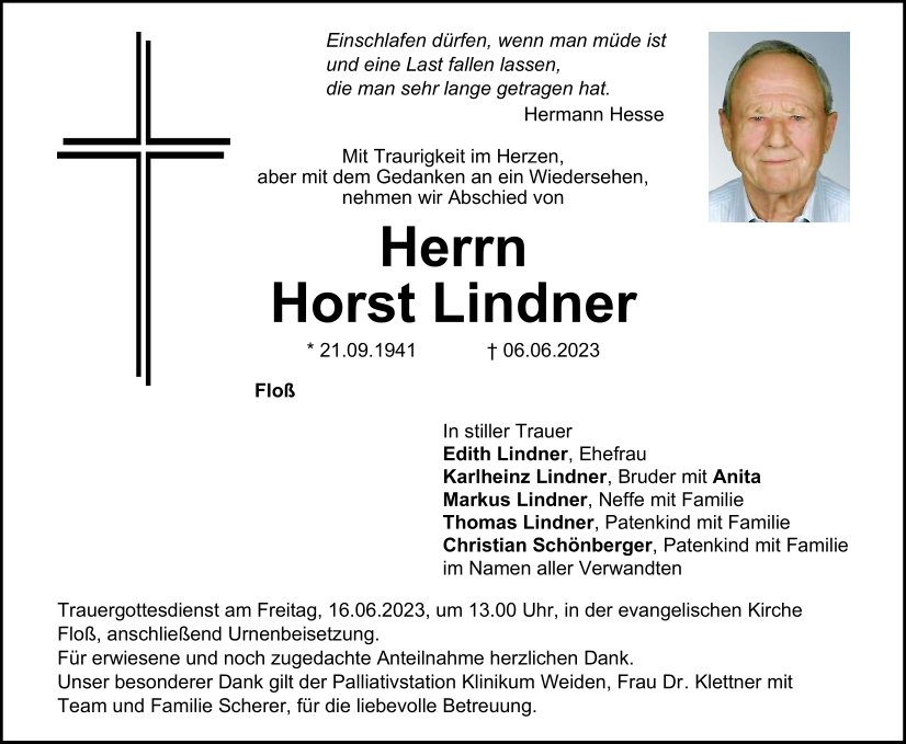 Traueranzeige Horst Lindner, Floß
