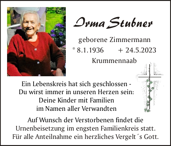 Traueranzeige Irma Stubner, Krummennaab