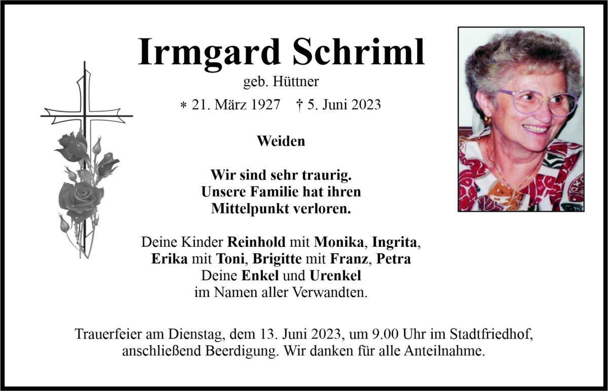 Traueranzeige Irmgard Schriml, Weiden