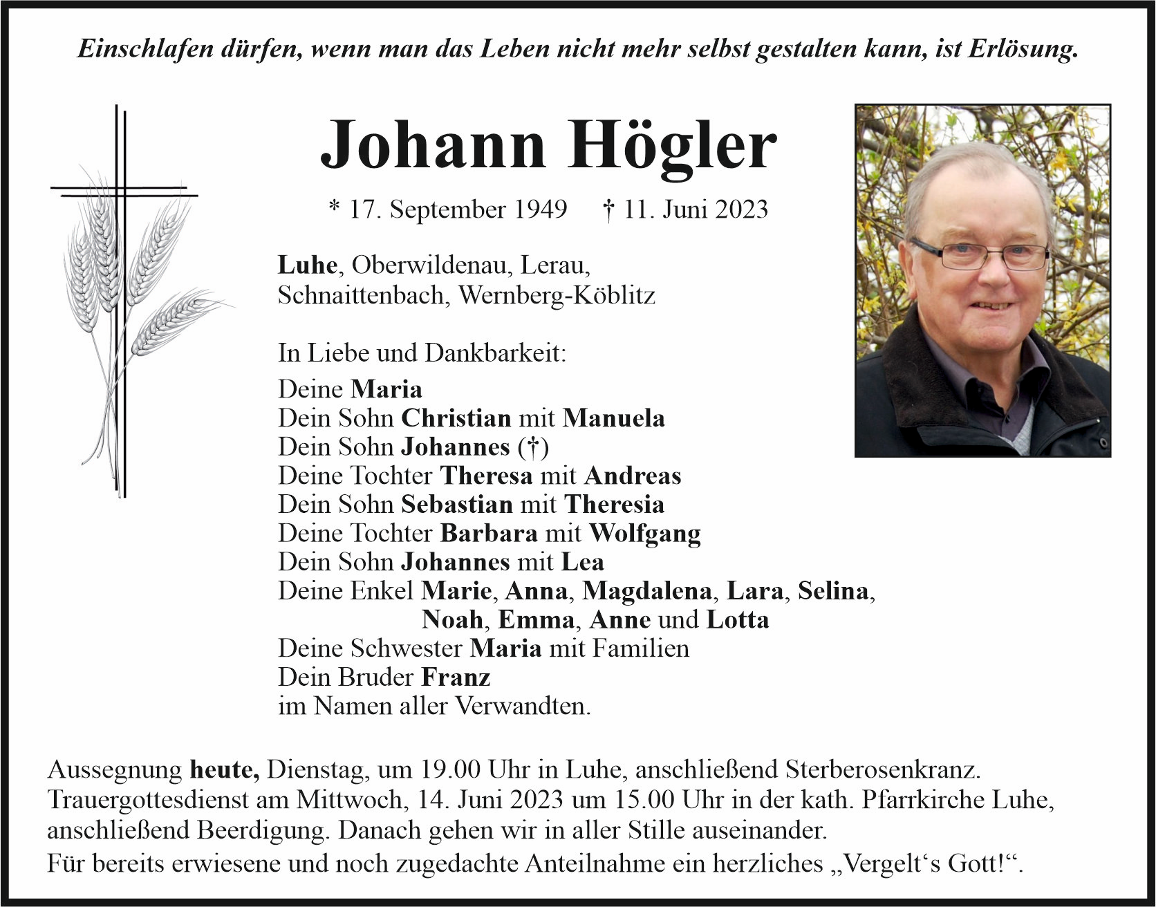 Traueranzeige Johann Högler, Luhe