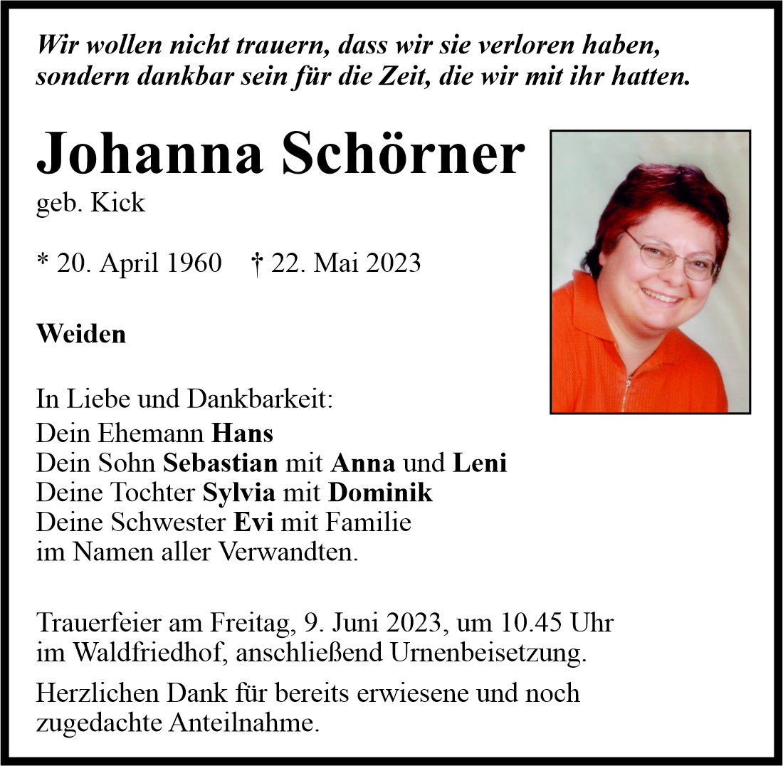Traueranzeige Johanna Schörner, Weiden