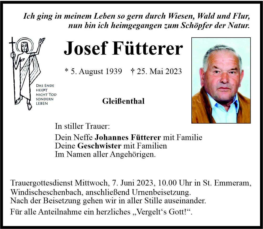 Traueranzeige Josef Fütterer, Gleißenthal
