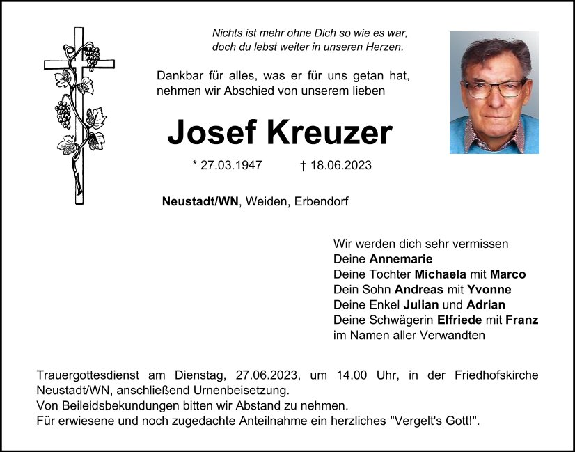 Traueranzeige Josef Kreuzer, Neustadt/WN