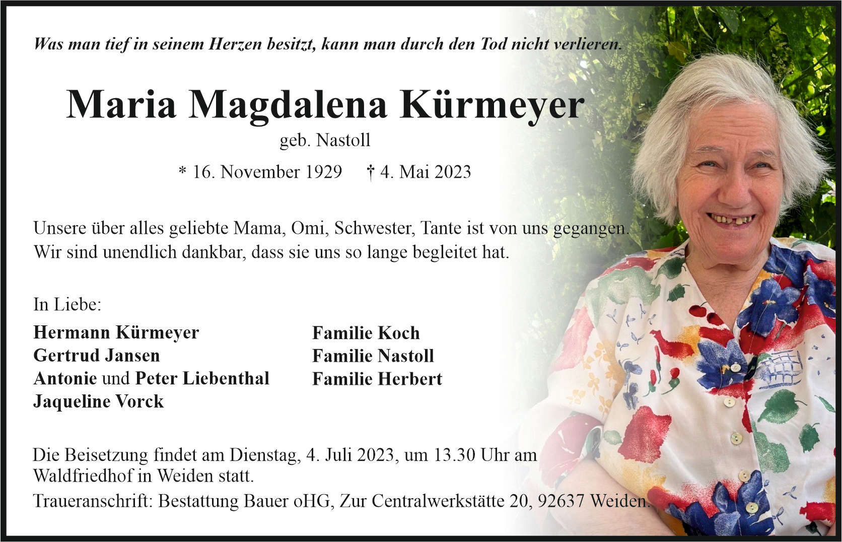Traueranzeige Maria Magdalena Kürmeyer, Weiden