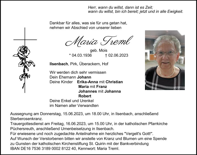 Traueranzeige Maria Treml, Ilsenbach