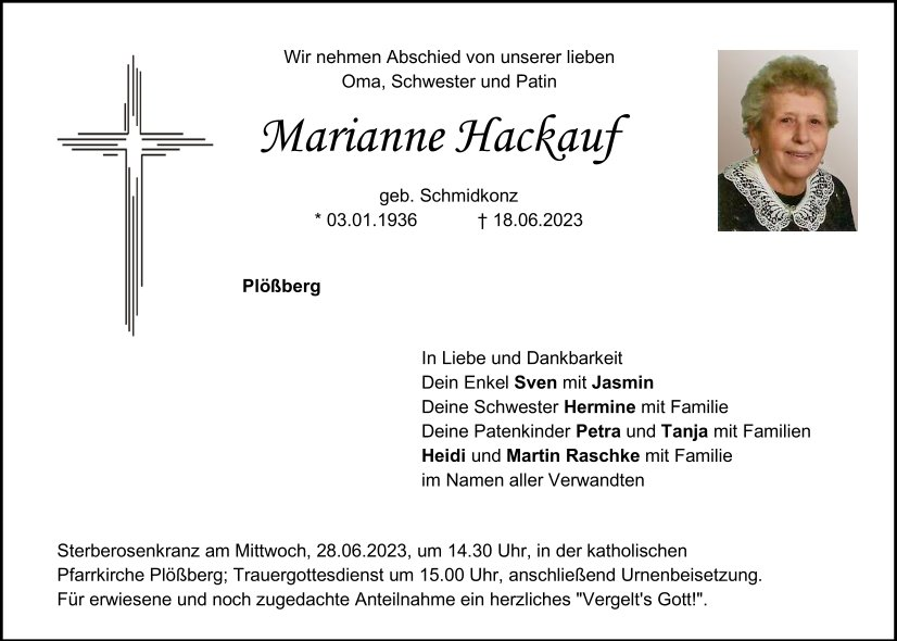 Traueranzeige Marianne Hackauf, Plößberg