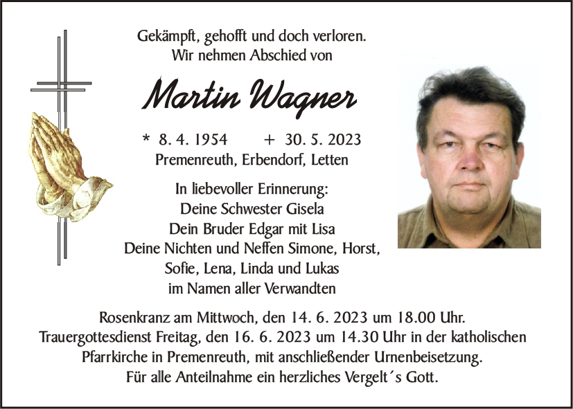 Traueranzeige Martin Wagner, Premenreuth