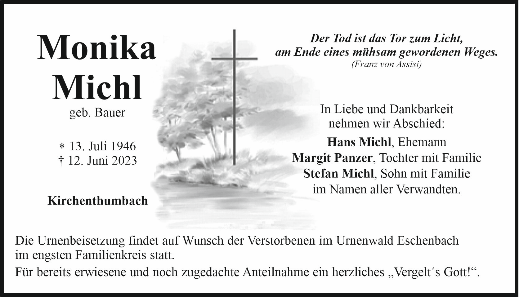 Traueranzeige Monika Michl, Kirchenthumbach