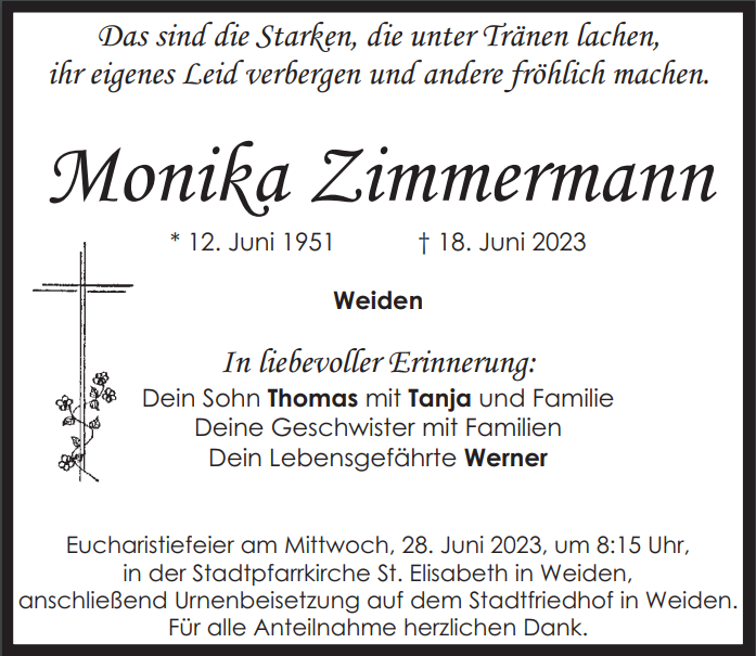 Traueranzeige Monika Zimmermann, Weiden