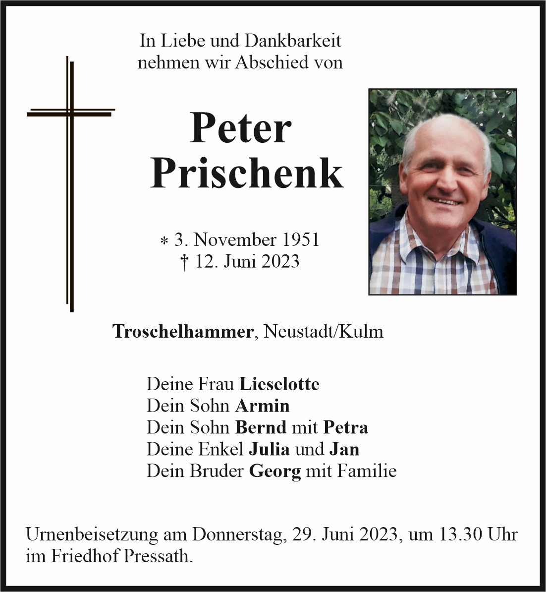 Traueranzeige Peter Prischenk, Troschelhammer