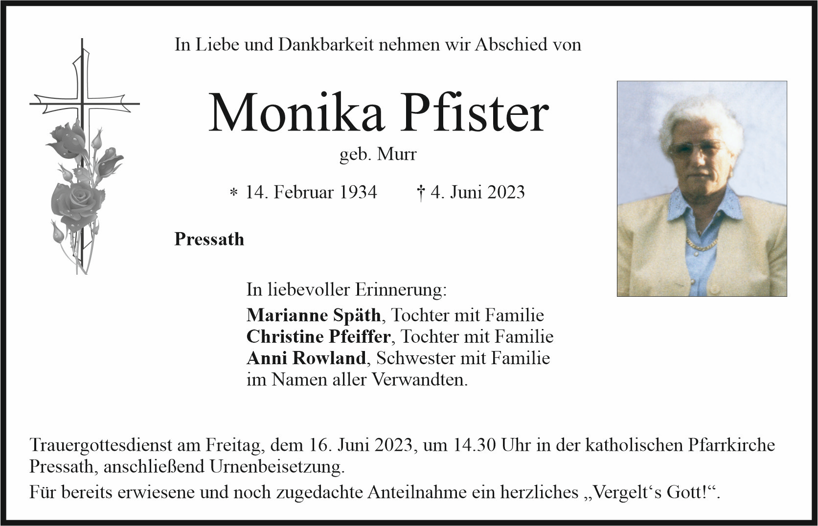 Traueranzeige Monika Pfister, Pressath