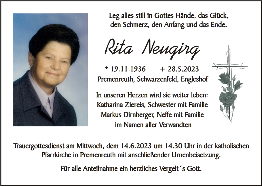 Traueranzeige Rita Neugirg, Premenreuth