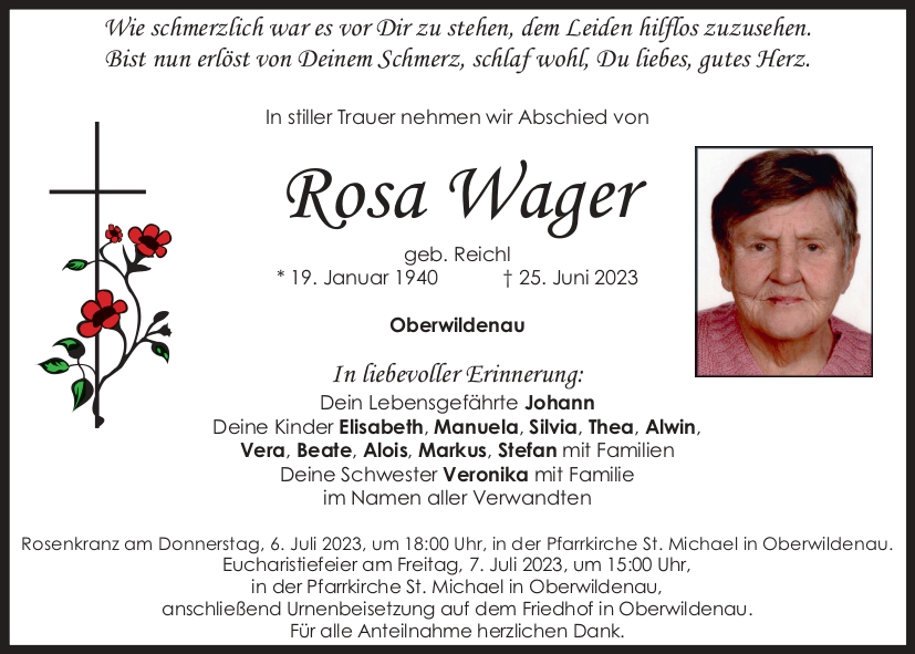 Traueranzeige Rosa Wagner, Oberwildenau
