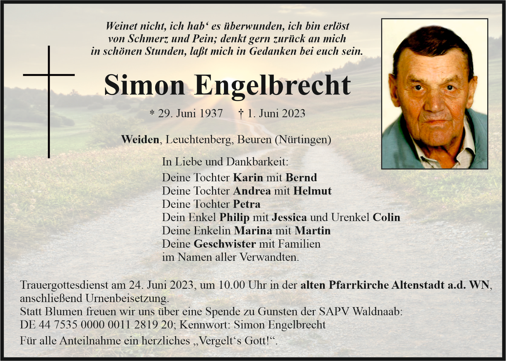 Traueranzeige Simon Engelbrecht, Weiden