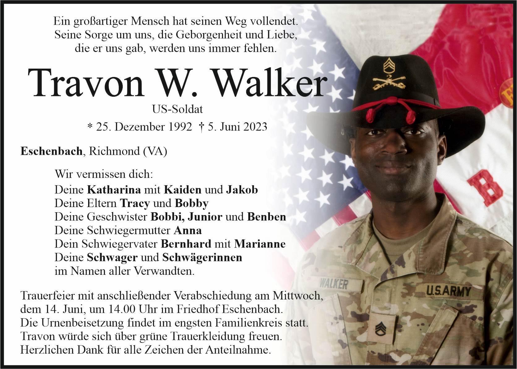 Traueranzeige Travon W. Walker, Eschenbach