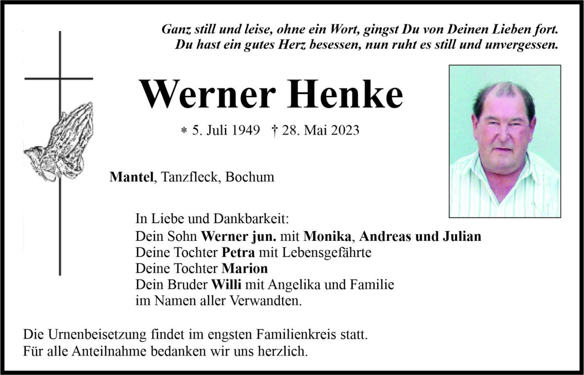 Traueranzeige Werner Henke, Mantel