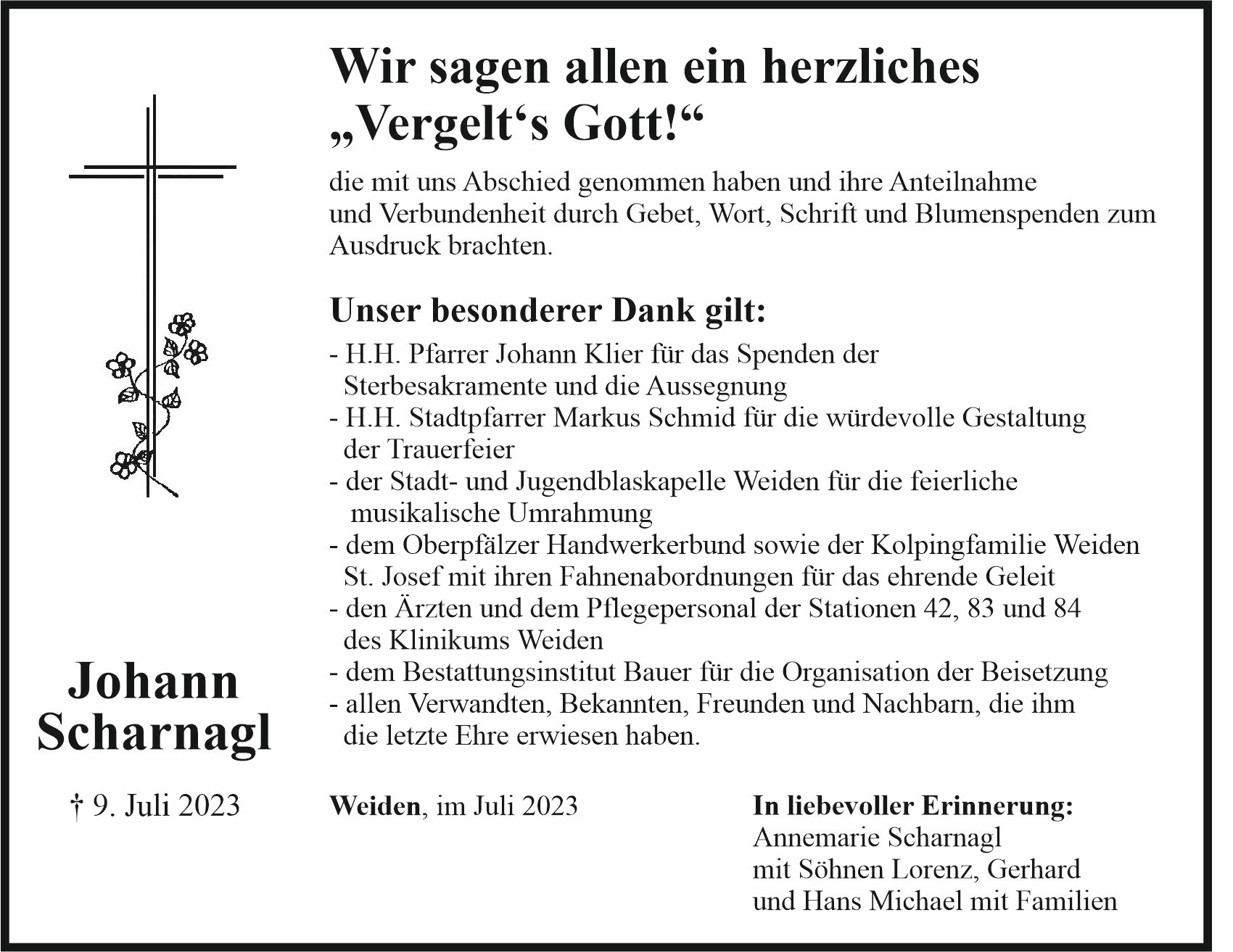Danksagung Johann Scharnagl, Weiden