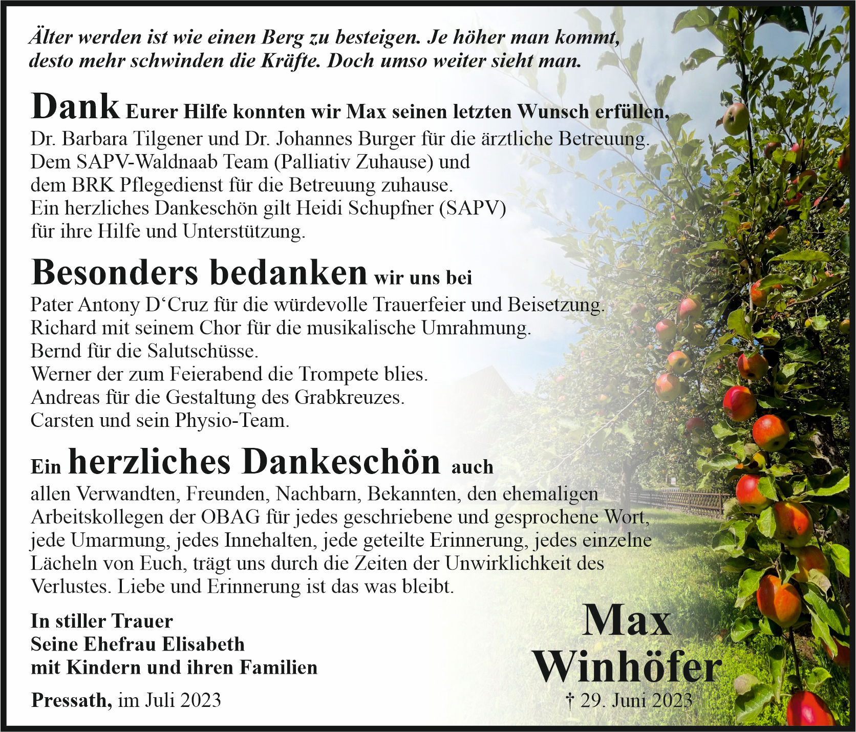 Danksagung Max Winhöfer, Pressath
