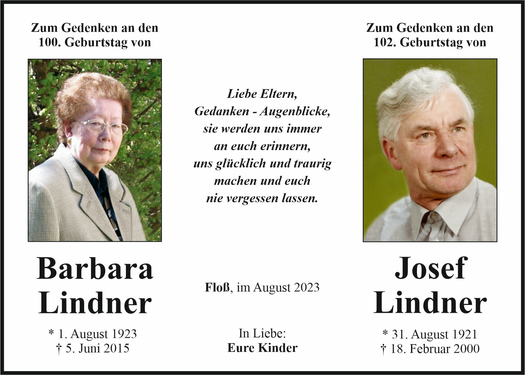 Gedenkanzeige Barbara und Josef Lindner, Floß