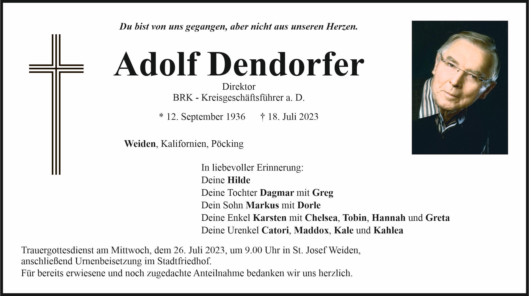 Traueranzeige Adolf Dendorfer, Weiden