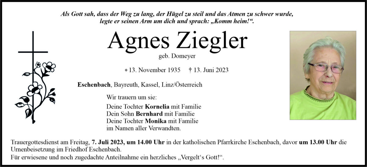 Traueranzeige Agnes Ziegler, Eschenbach