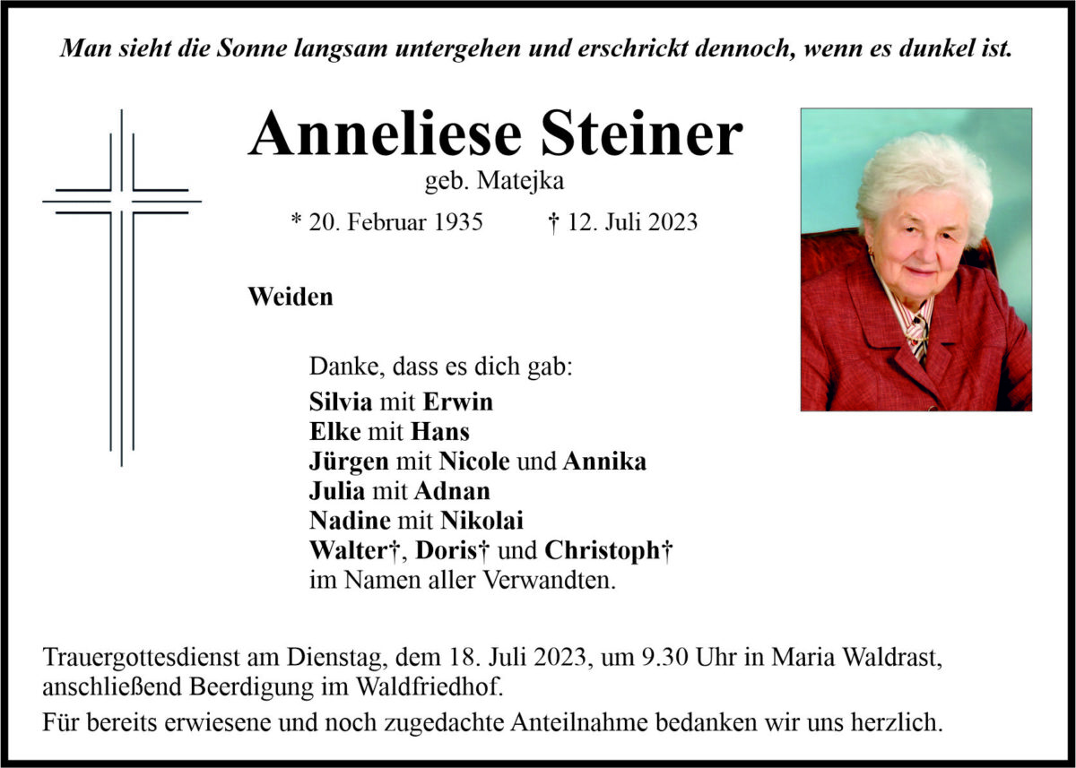Traueranzeige Anneliese Steiner, Weiden