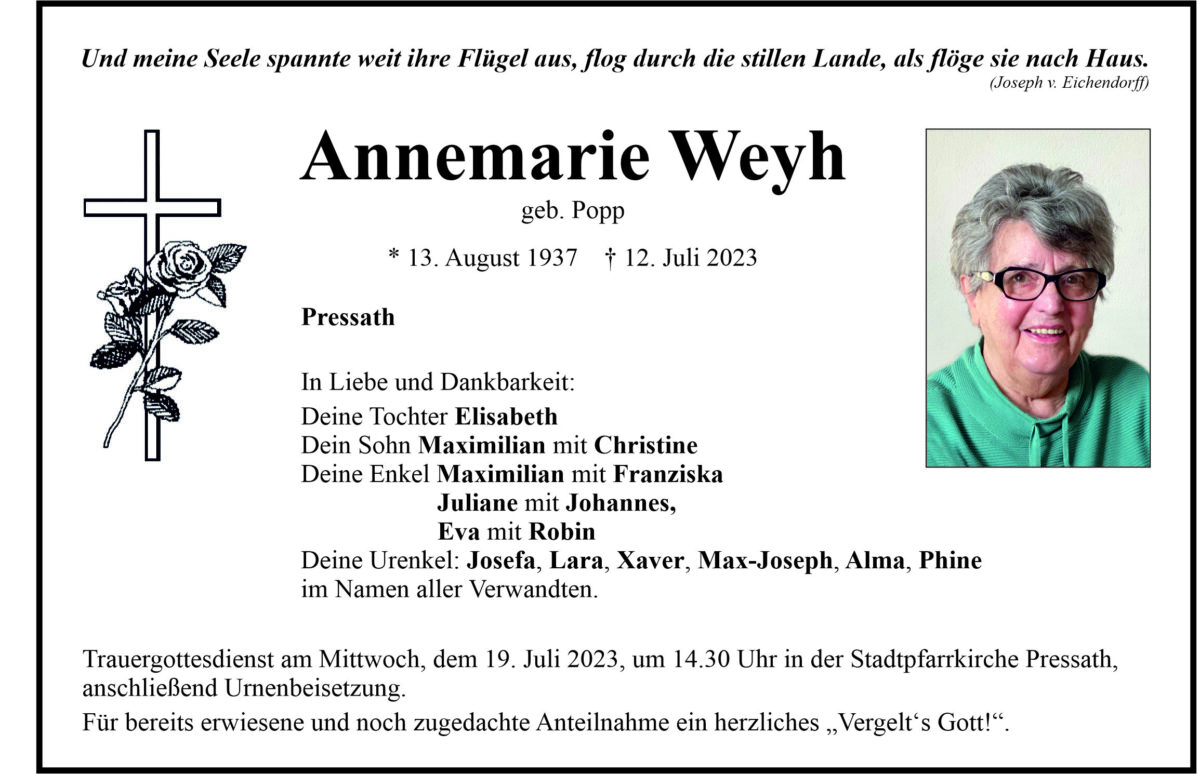 Traueranzeige Annemarie Weyh, Pressath