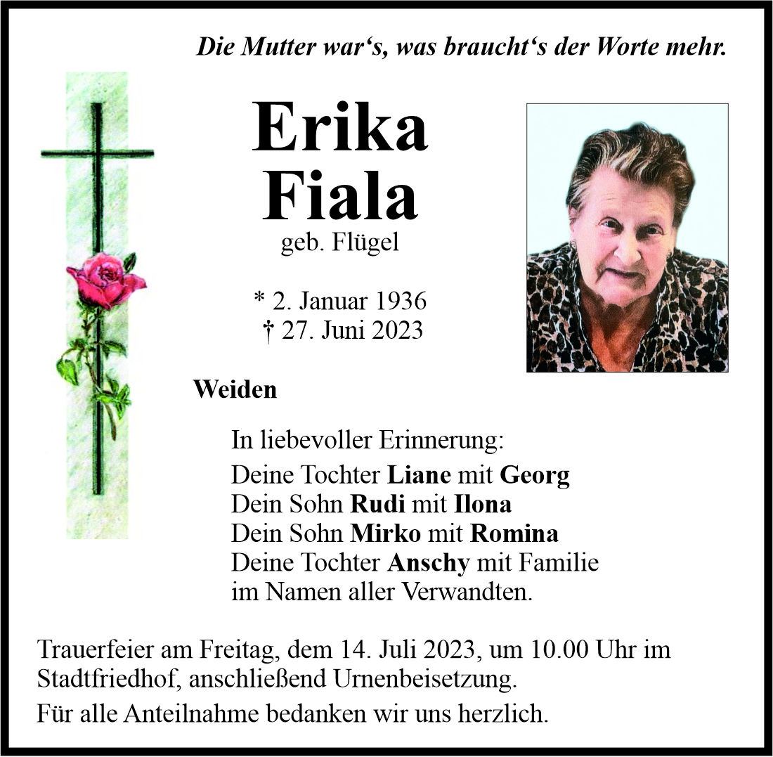 Traueranzeige Erika Fiala, Weiden