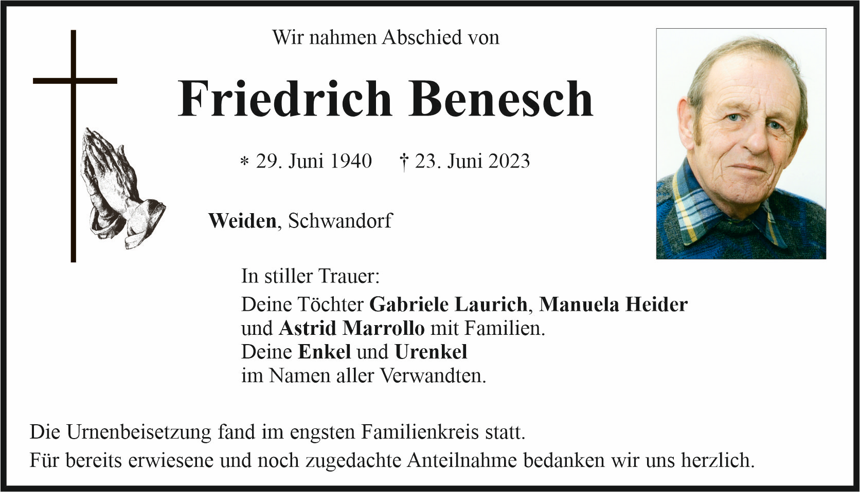 Traueranzeige Friedrich Benesch, Weiden