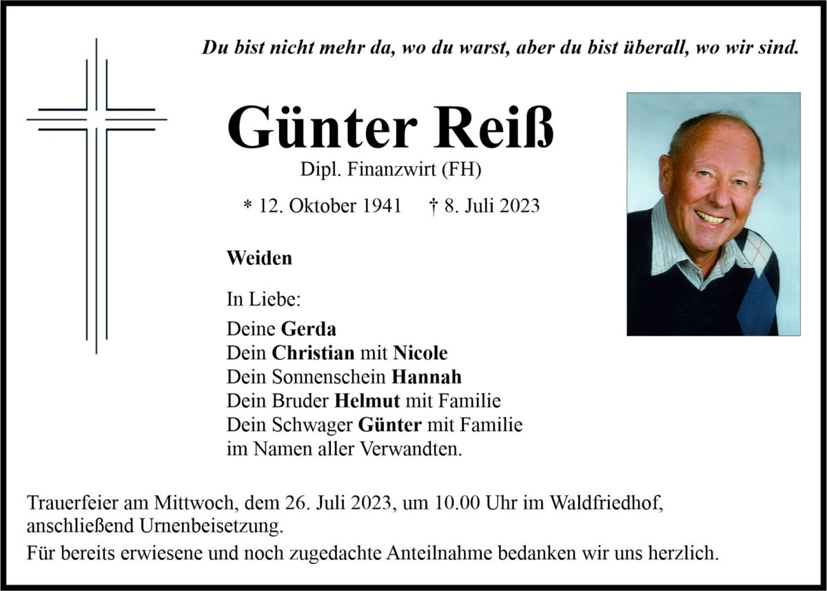 Traueranzeige Günter Reiß, Weiden