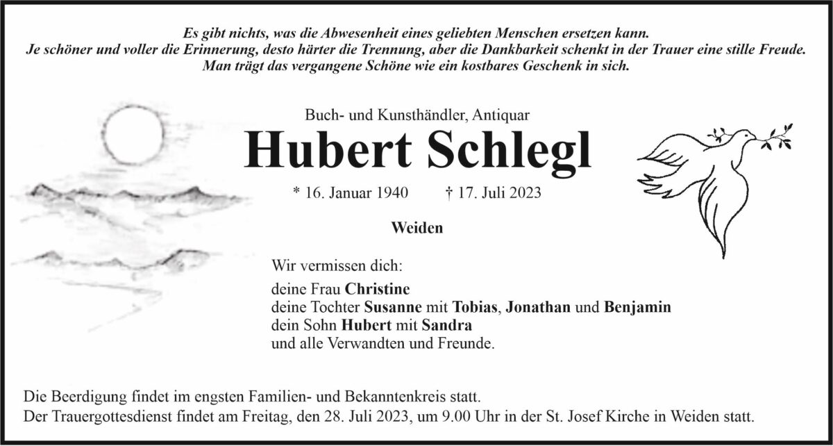 Traueranzeige Hubert Schlegl, Weiden
