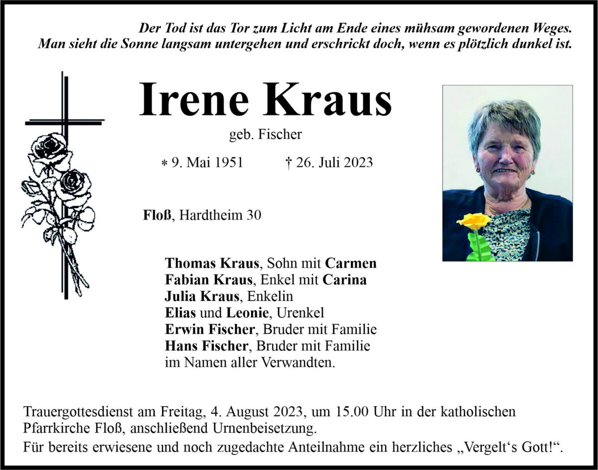 Traueranzeige Irene Kraus, Floß