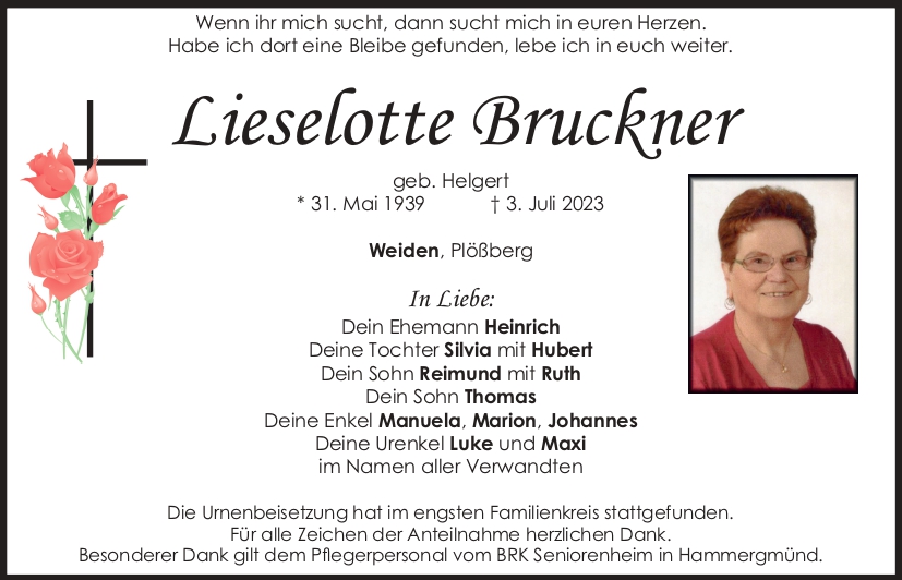 Traueranzeige Lieselotte Bruckner, Weiden