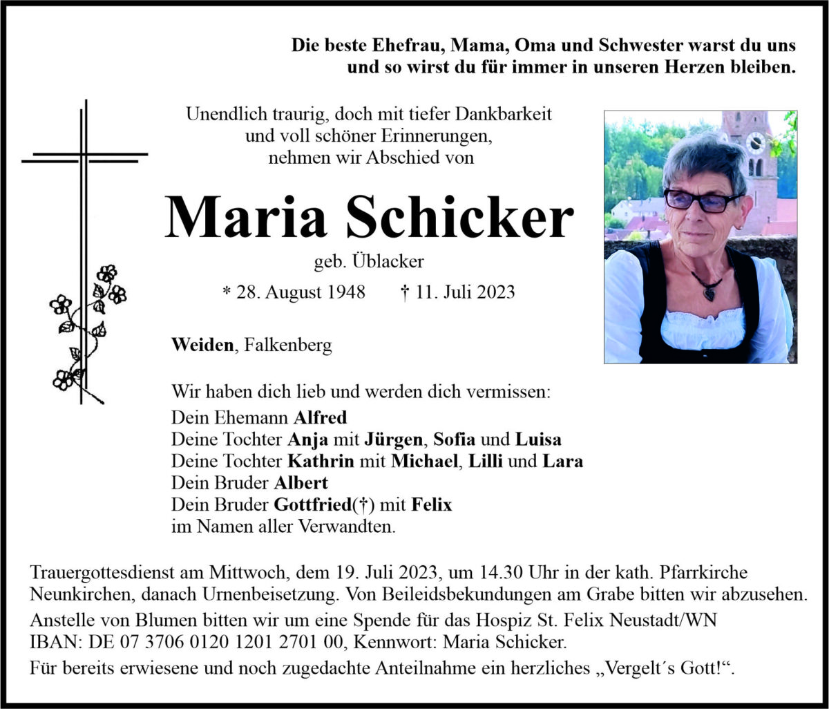 Traueranzeige Maria Schicker, Weiden