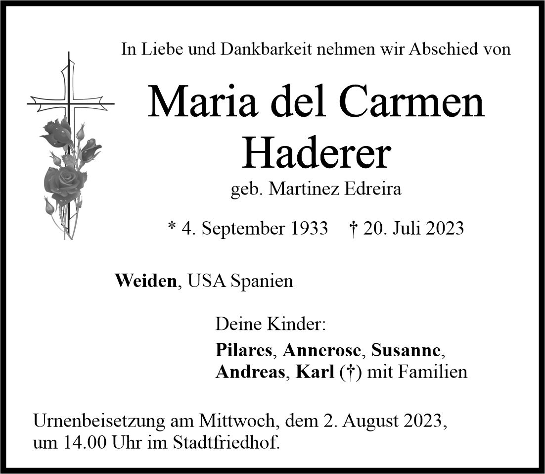 Traueranzeige Maria Del Carmen Haderer, Weiden